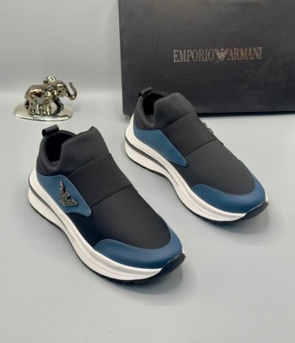 Emporio Armani Black and Blue Sneakers with White Sole