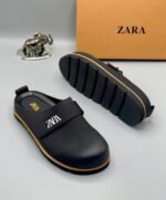 Black Leather Clogs with Yellow Stitching