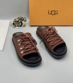 Black Leather UGG Slide Sandals with Silver Laces and Stitching - Image 2