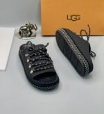 Black Leather UGG Slide Sandals with Silver Laces and Stitching - Image 3