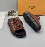 Black Leather UGG Slide Sandals with Silver Laces and Stitching - Image 5