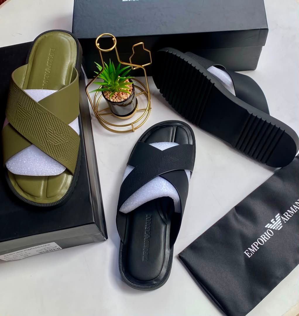 root-8JVvtE.jpeg Emporio Armani Inspired Cross Strap Slides in Olive Green and Black - Image 1