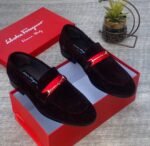 Salvatore Ferragamo Florence Italy Black Velvet Loafers with Red Strap and Gold Buckle - Image 2