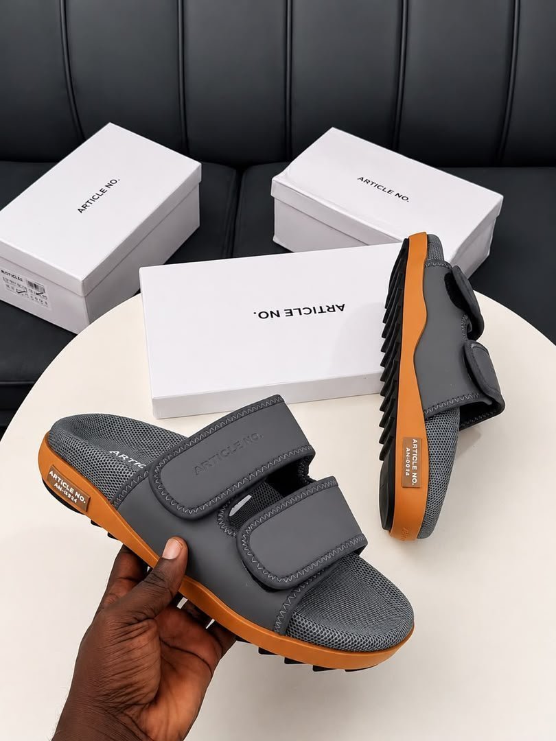 root-BT5TDP.jpeg Grey and Orange Velcro Strap Slide Sandals for Men - Image 1