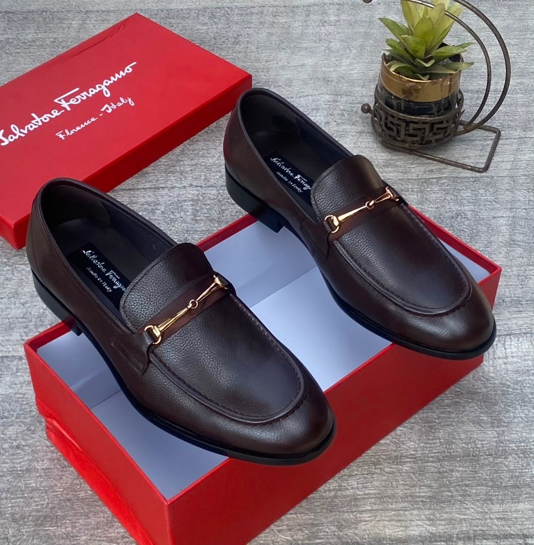 root-KvgH8J.jpeg Salvatore Ferragamo Dark Brown Leather Loafers with Gold Accents - Image 1
