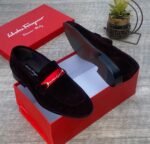 Salvatore Ferragamo Florence Italy Black Velvet Loafers with Red Strap and Gold Buckle