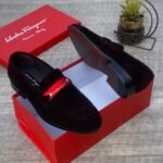 Salvatore Ferragamo Florence Italy Black Velvet Loafers with Red Strap and Gold Buckle