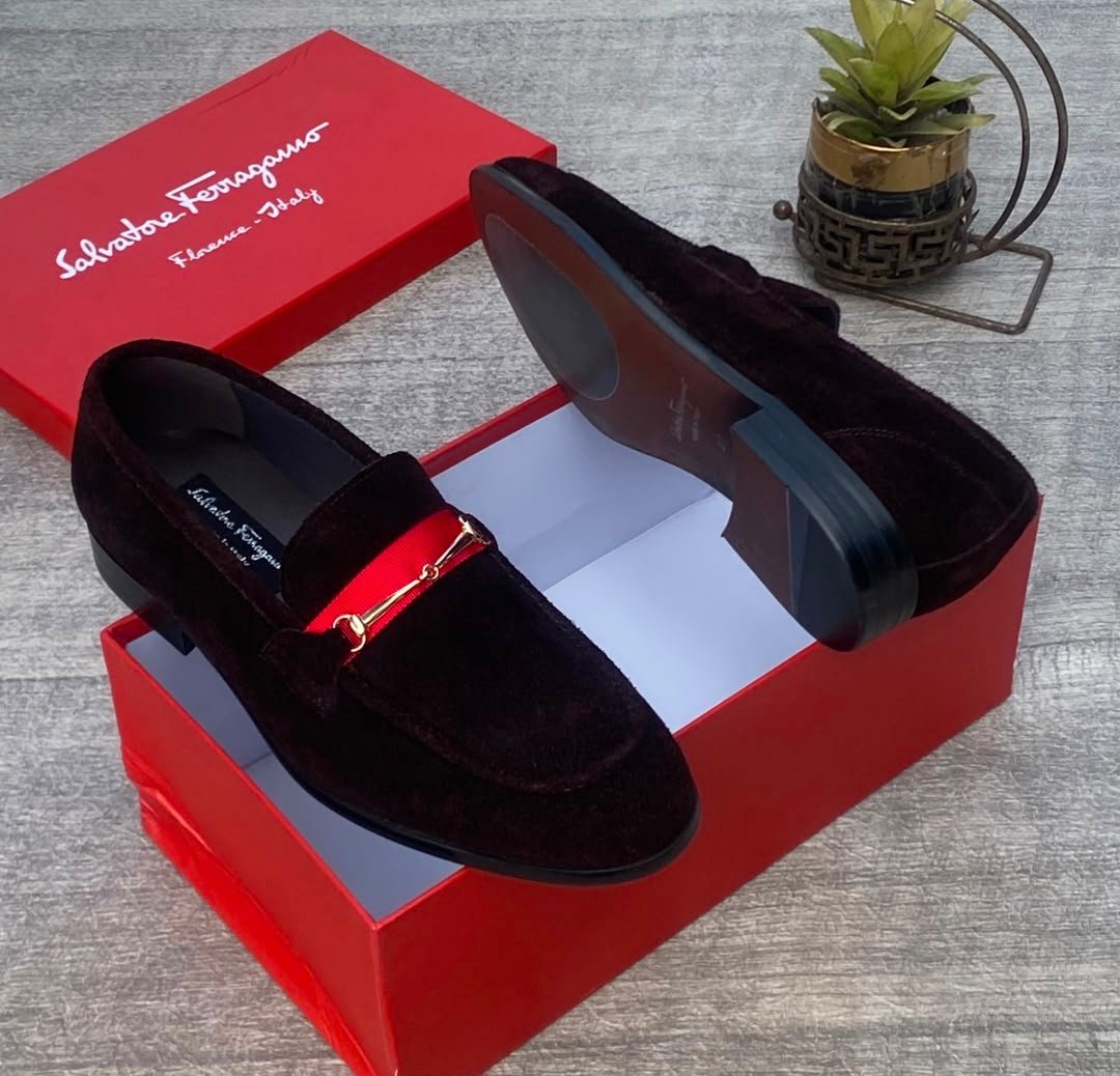 root-OUuO1V.jpeg Salvatore Ferragamo Florence Italy Black Velvet Loafers with Red Strap and Gold Buckle - Image 1