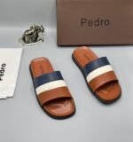 Pedro Brown Leather Slides with Navy Blue and White Stripes