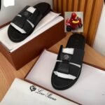 Loro Piana Black Slides with White Inserts and Logo Strap