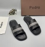 Pedro Brown Leather Slides with Navy Blue and White Stripes - Image 3