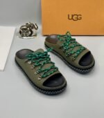 Black Leather UGG Slide Sandals with Silver Laces and Stitching - Image 4