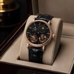Patek Philippe Geneve Automatic Rose Gold Watch with Black Dial and Leather Strap