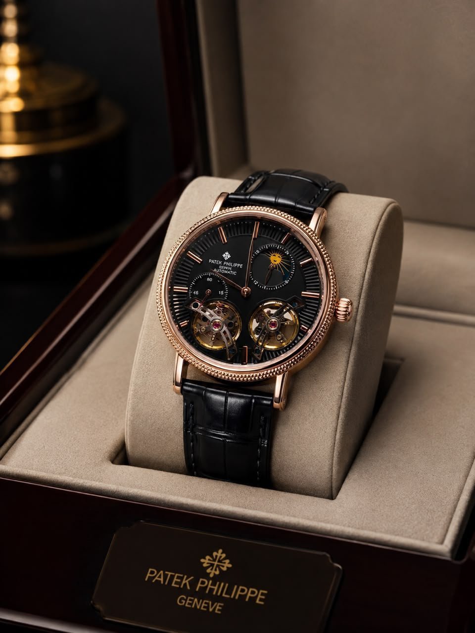 whatsapp-image-2026-08-14-at-11-52-37-pm-L0xsWd.jpeg Patek Philippe Geneve Automatic Rose Gold Watch with Black Dial and Leather Strap - Image 1