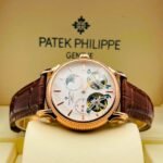 Patek Philippe Automatic Watch with White Dial and Brown Leather Strap