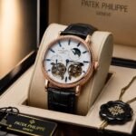 Patek Philippe Geneve Automatic Watch in Rose Gold Case with White Dial and Black Leather Strap
