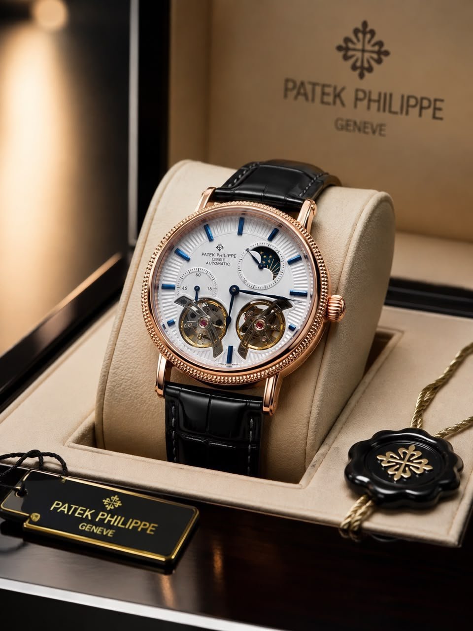 whatsapp-image-2026-08-14-at-11-53-14-pm-64WsLH.jpeg Patek Philippe Geneve Automatic Watch in Rose Gold Case with White Dial and Black Leather Strap - Image 1