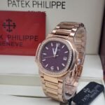 Patek Philippe Ladies' Rose Gold Watch with Purple Dial and Diamond Bezel